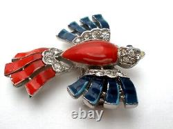 Trifari Bird Fur Clip Patiotic Blue & Red Enamel Rhinestones Philippe Vintage