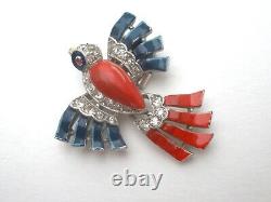 Trifari Bird Fur Clip Patiotic Blue & Red Enamel Rhinestones Philippe Vintage