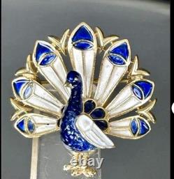 Trifari Blue & White Rare Crown Enamel Peacock Brooch Pre 1955 Alfred Phillipe