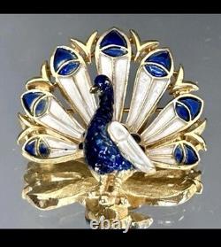 Trifari Blue & White Rare Crown Enamel Peacock Brooch Pre 1955 Alfred Phillipe