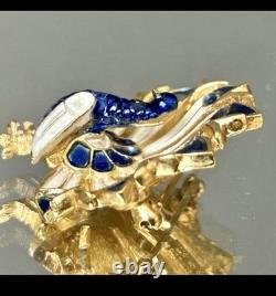 Trifari Blue & White Rare Crown Enamel Peacock Brooch Pre 1955 Alfred Phillipe