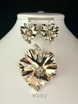 Trifari Bug on a Leaf Set Gold Trifanium Alfred Philippe Crystal PAT PEND Box