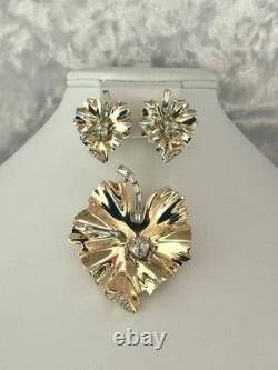Trifari Bug on a Leaf Set Gold Trifanium Alfred Philippe Crystal PAT PEND Box