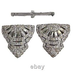 Trifari Clip Mates Art Deco Diamante Brooch Dress Clips Alfred Philippe