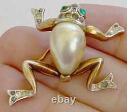 Trifari Crown Alfred Philippe Frog Brooch Pin Pearl Belly Rhinestones 1940's Vtg
