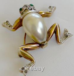 Trifari Crown Alfred Philippe Frog Brooch Pin Pearl Belly Rhinestones 1940's Vtg