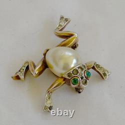 Trifari Crown Alfred Philippe Frog Brooch Pin Pearl Belly Rhinestones 1940's Vtg