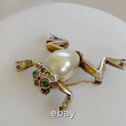 Trifari Crown Alfred Philippe Frog Brooch Pin Pearl Belly Rhinestones 1940's Vtg