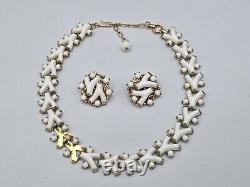 Trifari Faux Coral Necklace Earrings Set Alfred Philippe Des Pat Pend Milk Glass