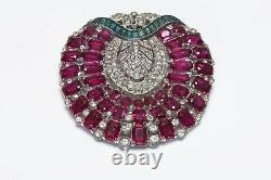 Trifari KTF 1930s Alfred Philippe Red Blue Crystal Large Dress Clip Brooch