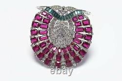 Trifari KTF 1930s Alfred Philippe Red Blue Crystal Large Dress Clip Brooch