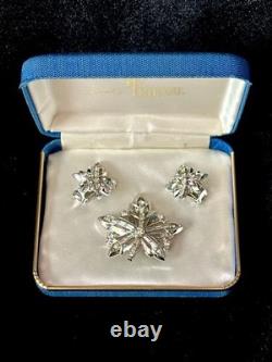 Trifari Maple Leaf Set 1949 Rhodium Baguettes PAT PEND withBox