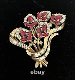 Trifari Pat Pending Rare Alfred Philippe Multi Flower Red Rhinestone Brooch