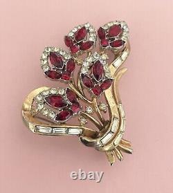 Trifari Pat Pending Rare Alfred Philippe Multi Flower Red Rhinestone Brooch