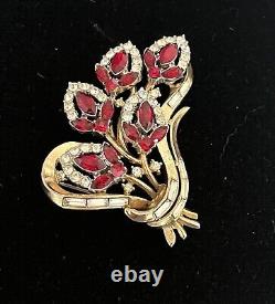 Trifari Pat Pending Rare Alfred Philippe Multi Flower Red Rhinestone Brooch