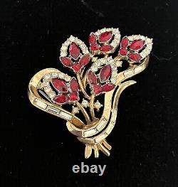 Trifari Pat Pending Rare Alfred Philippe Multi Flower Red Rhinestone Brooch