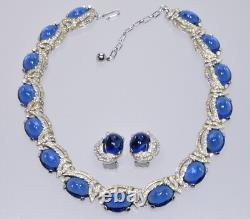 Trifari Philippe Book Piece Sapphire Glass Diamante Necklace Earrings Set C. 1950