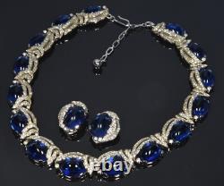 Trifari Philippe Book Piece Sapphire Glass Diamante Necklace Earrings Set C. 1950