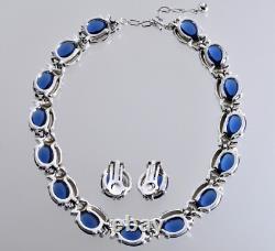 Trifari Philippe Book Piece Sapphire Glass Diamante Necklace Earrings Set C. 1950