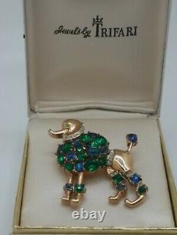 Trifari Poodle Jeweled Symphony Alfred Philippe Emerald and Sapphire Rhinestones