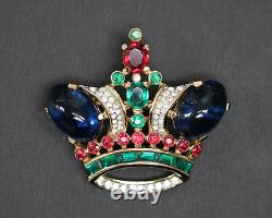 Trifari Pre-1955 Alfred Philippe Jeweled Gold Tone Crown Brooch 1 7/8 x 1 3/4