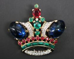 Trifari Pre-1955 Alfred Philippe Jeweled Gold Tone Crown Brooch 1 7/8 x 1 3/4
