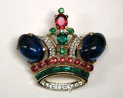 Trifari Pre-1955 Alfred Philippe Jeweled Gold Tone Crown Brooch 1 7/8 x 1 3/4