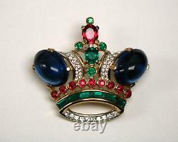 Trifari Pre-1955 Alfred Philippe Jeweled Gold Tone Crown Brooch 1 7/8 x 1 3/4