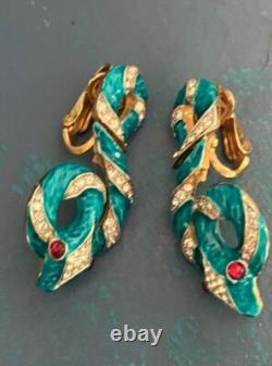 Trifari Red Eye Rhinestone Garden of Eden Enamel Snake Clip-On Earrings Philippe