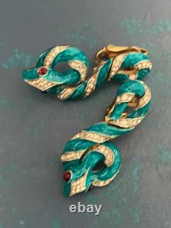 Trifari Red Eye Rhinestone Garden of Eden Enamel Snake Clip-On Earrings Philippe
