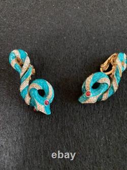 Trifari Red Eye Rhinestone Garden of Eden Enamel Snake Clip-On Earrings Philippe