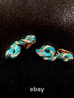 Trifari Red Eye Rhinestone Garden of Eden Enamel Snake Clip-On Earrings Philippe