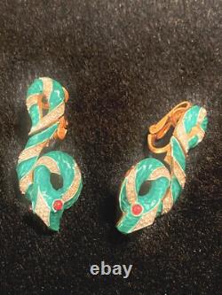 Trifari Red Eye Rhinestone Garden of Eden Enamel Snake Clip-On Earrings Philippe
