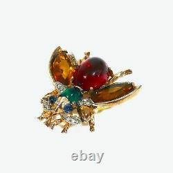 Trifari Sterling'Alfred Philippe' Citrine Emerald/ Ruby Cabochon Belly Bug Pin