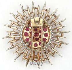 Trifari Sterling'Alfred Philippe' Large Gold Pave and Ruby Sunburst Pin Clip