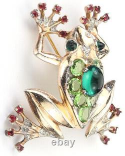 Trifari Sterling'Alfred Philippe' Peridot and Emerald Cabochon Tree Frog Pin