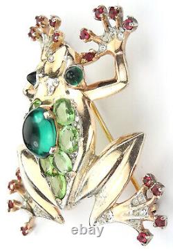 Trifari Sterling'Alfred Philippe' Peridot and Emerald Cabochon Tree Frog Pin