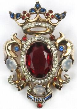 Trifari Sterling'Alfred Philippe' Regal Crown & Ruby Shield Heraldic Crest Pin