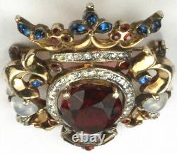 Trifari Sterling'Alfred Philippe' Regal Crown & Ruby Shield Heraldic Crest Pin
