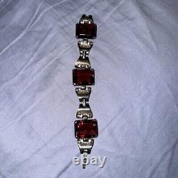 Trifari Sterling Alfred Philippe Tank Bracelet Pave and Ruby Square Stones