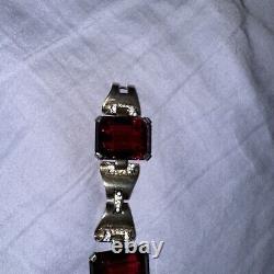 Trifari Sterling Alfred Philippe Tank Bracelet Pave and Ruby Square Stones