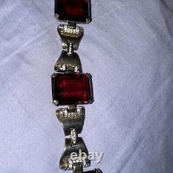 Trifari Sterling Alfred Philippe Tank Bracelet Pave and Ruby Square Stones