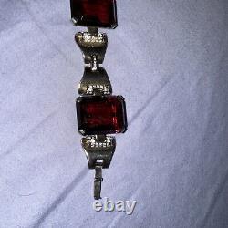 Trifari Sterling Alfred Philippe Tank Bracelet Pave and Ruby Square Stones