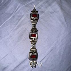 Trifari Sterling Alfred Philippe Tank Bracelet Pave and Ruby Square Stones