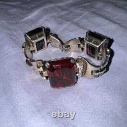 Trifari Sterling Alfred Philippe Tank Bracelet Pave and Ruby Square Stones