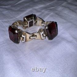 Trifari Sterling Alfred Philippe Tank Bracelet Pave and Ruby Square Stones