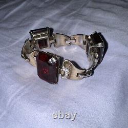 Trifari Sterling Alfred Philippe Tank Bracelet Pave and Ruby Square Stones