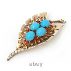 Trifari Sterling Dress Clip Alfred Philippe Turquoise Blue & Ruby Red Rhinestone