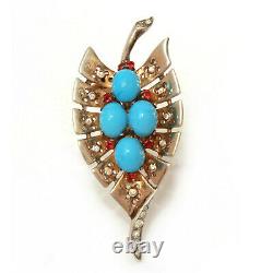 Trifari Sterling Dress Clip Alfred Philippe Turquoise Blue & Ruby Red Rhinestone