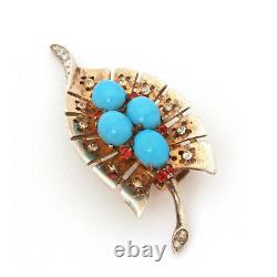 Trifari Sterling Dress Clip Alfred Philippe Turquoise Blue & Ruby Red Rhinestone